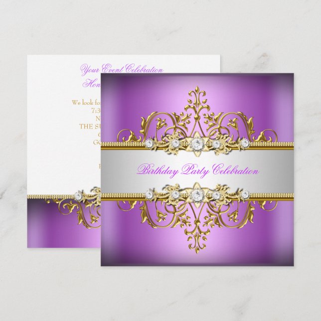 Purple Lilac White Gold Silver Birthday Party Invitation (Front/Back)