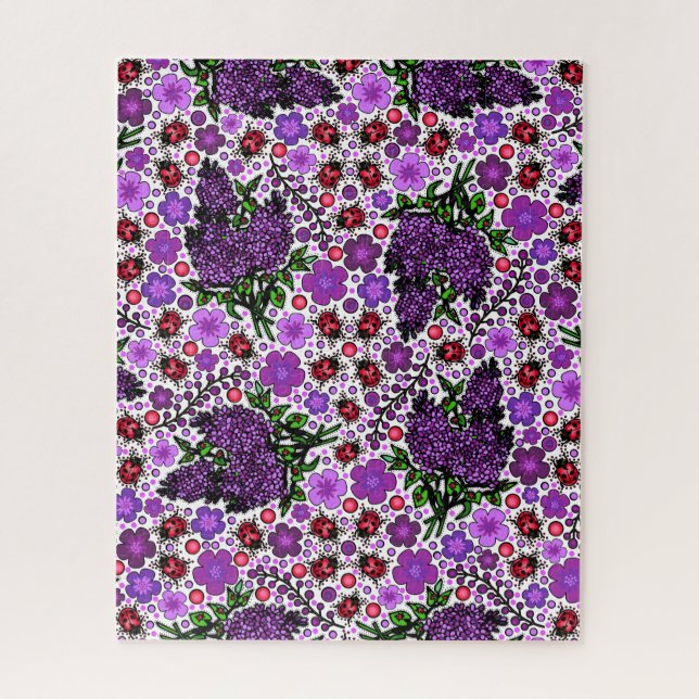 Purple Lilacs, Ladybugs NH State Symbols on White  Jigsaw Puzzle (Vertical)