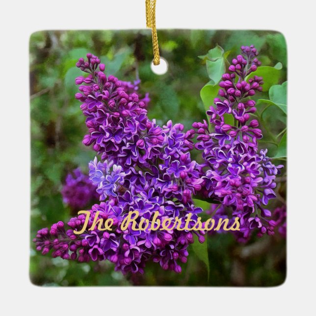 Purple Lilacs on a Spring Day Ceramic Personalized Ornament (Front)