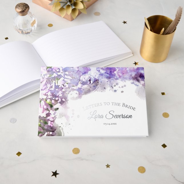 Purple Lilacs Watercolor Letters to the Bride Guest Book (Front Open)