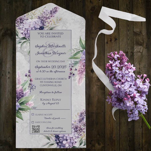 Purple Lilacs with Heather on Grey with QR Code  All In One Invitation (Creator Uploaded)