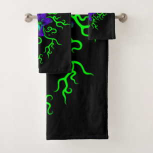 Purple Lily Flower on black Bath Towel Set