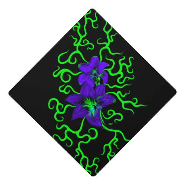 Purple Lily Flower on black Graduation Cap Topper (Front)