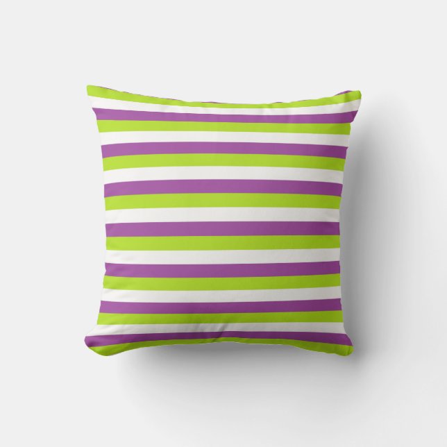 Purple, Lime Green and White Stripes Throw Pillow (Front)