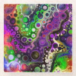 Purple, Lime Green, Black Fluid Art   Glass Coaster