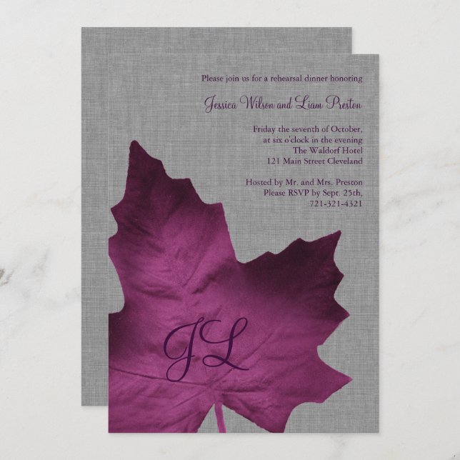 Purple Linen Monogrammed Rehearsal Dinner Invite (Front/Back)