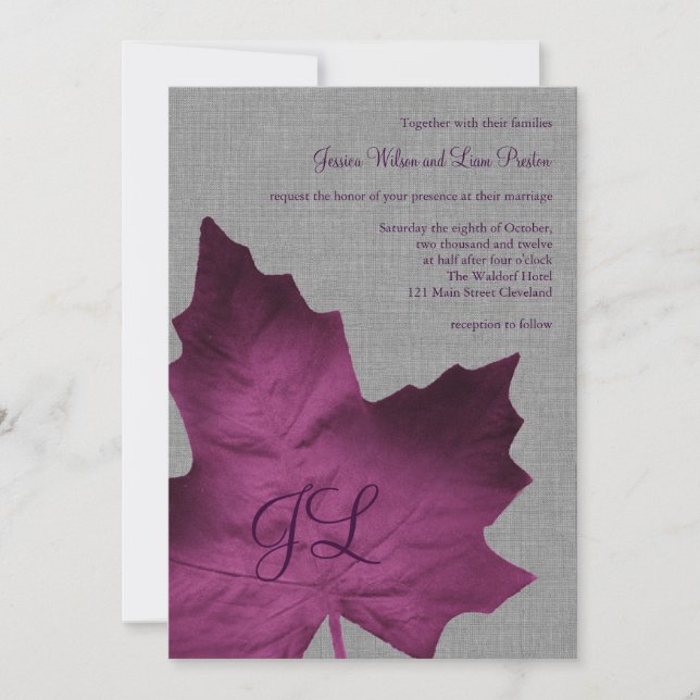 Purple Linen Monogrammed Wedding Invitation (Front)