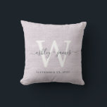 Purple Linen White Monogram Wedding Keepsake Throw Pillow<br><div class="desc">Elegant wedding keepsake purple woven linen effect pillow with your text in dark grey chic handwritten script calligraphy. Simply add your names, monogram and wedding date. Great gift for a newlywed couple. Exclusively designed for you by Happy Dolphin Studio. If you need any help or matching products, please contact us...</div>