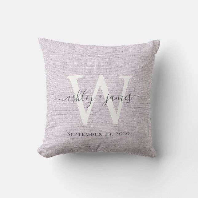 Purple Linen White Monogram Wedding Keepsake Throw Pillow (Front)