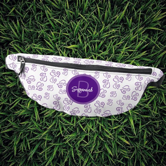Purple Linked Heart Pattern with Initial Monogram Fanny Pack (template name & initial letter monogram fanny pack front)