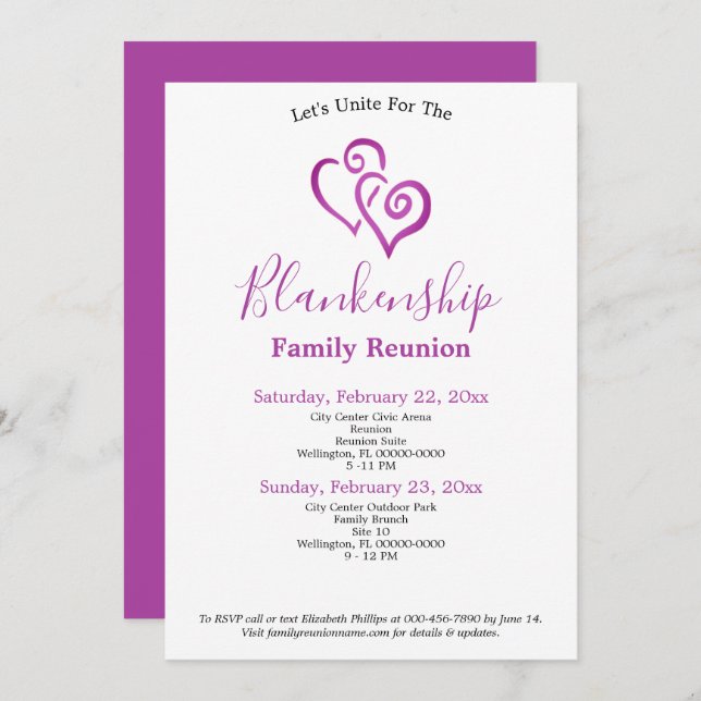Purple Linked Hearts Family Reunion Template (Front/Back)