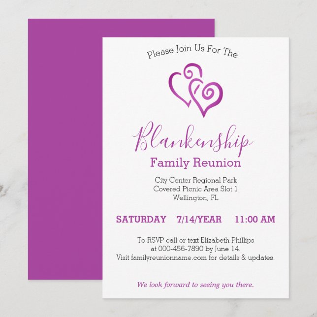 Purple Linked Hearts Family Reunion Template (Front/Back)
