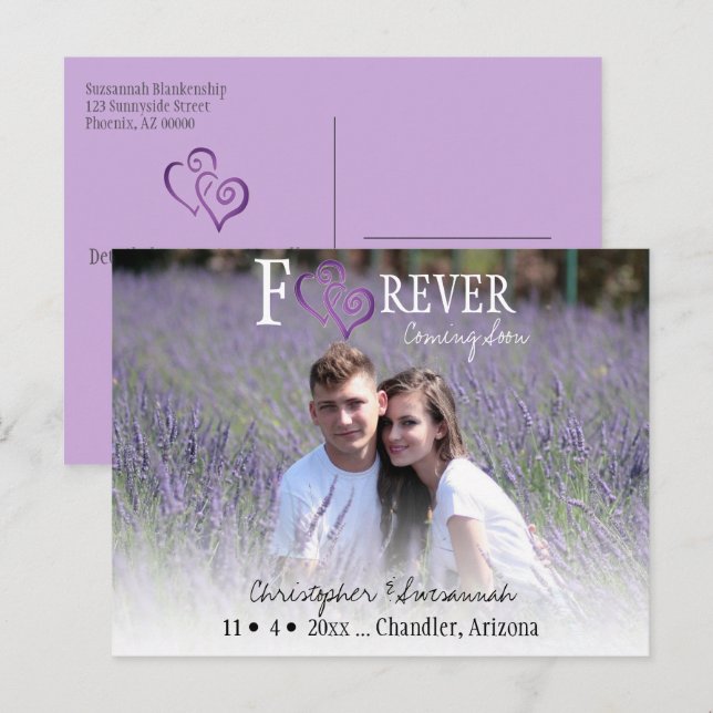 Purple Linked Hearts FOREVER Save The Date  Announcement Postcard (Front/Back)