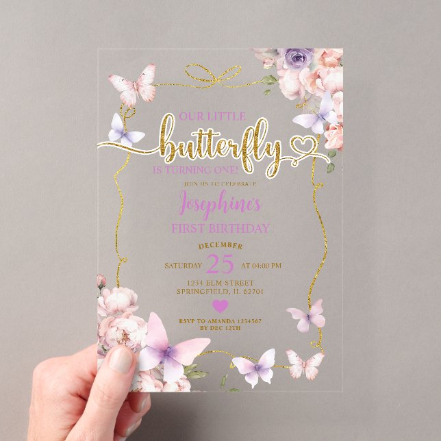 Purple Little Butterfly Pink Floral 1st Birthday Acrylic Invitations (Insitu (Handheld))