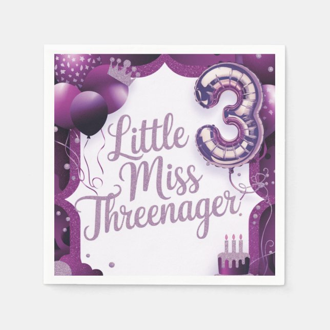 Purple Little Miss Threenager Napkins (Front)
