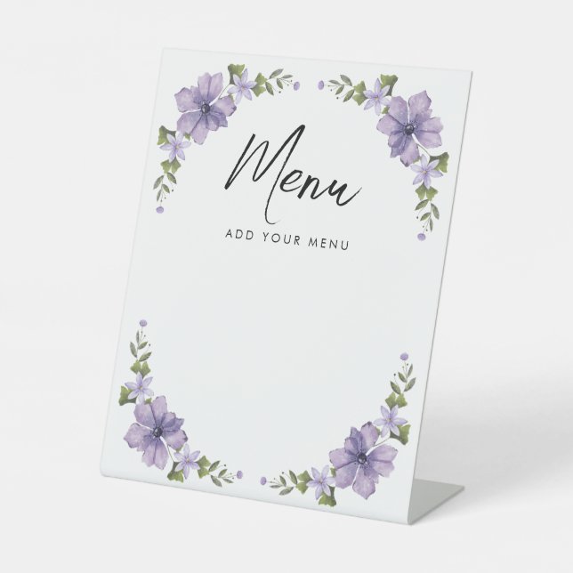 Purple Little Wildflower Menu Baby Shower Pedestal Sign (Front)