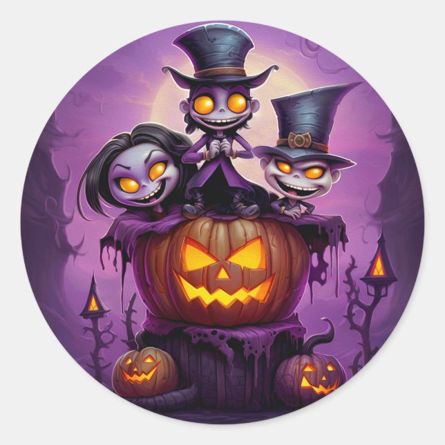Purple little wizard pagan monsters cute Halloween Classic Round Sticker (Front)