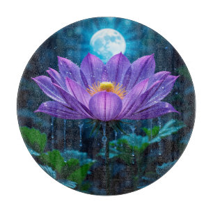 Purple Lotus Blossom Under Moonlit Cutting Board