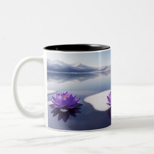 Purple Lotus flowers on a winter lake. Two-Tone Coffee Mug