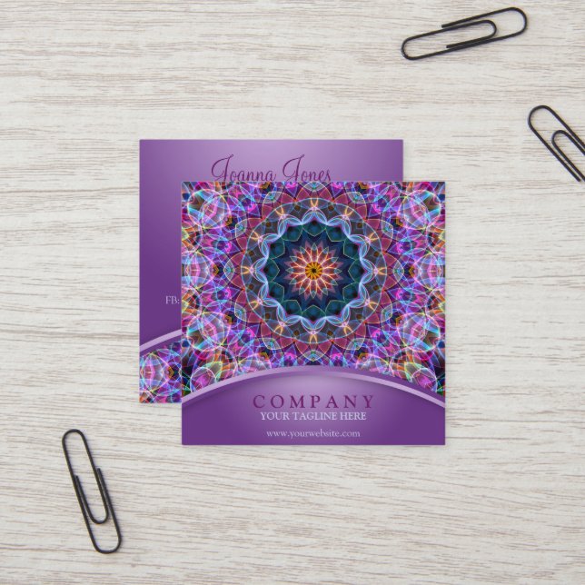 Purple Lotus Mandala Square Square Business Card (Front/Back In Situ)