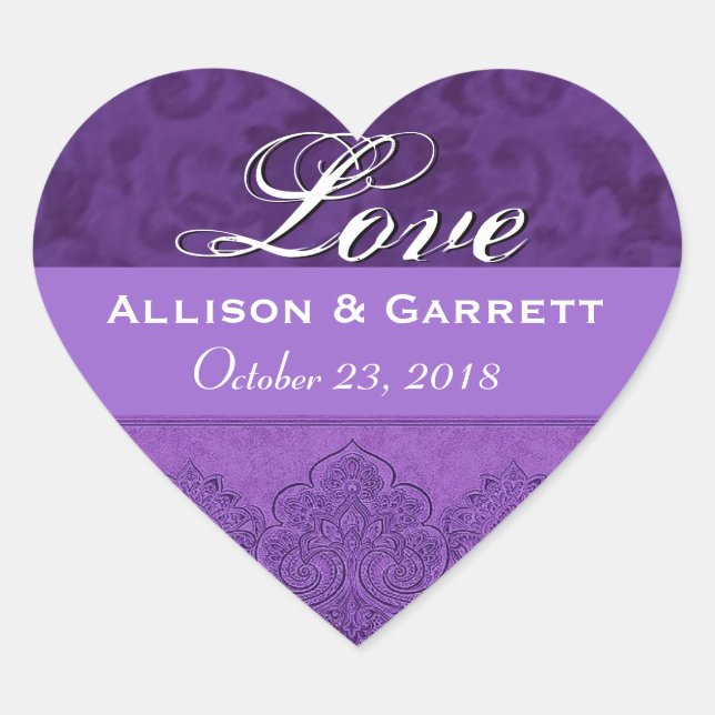 Purple Love Bride and Groom Date F200 Heart Sticker (Front)