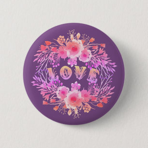 Purple LOVE in Watercolor Flowers 2 Inch Round Button