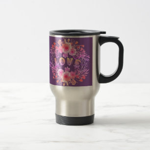 Purple LOVE in Watercolor Flowers Travel Mug