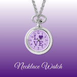 Purple Love Necklace Watch<br><div class="desc">Necklace Watch gift.
With the word 'love' and a heart shape replacing the letter O.
Dark and light purple.</div>