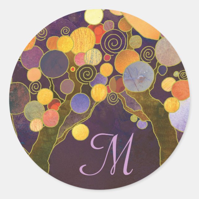 Purple Love Trees Monogram Wedding Favour Classic Round Sticker (Front)
