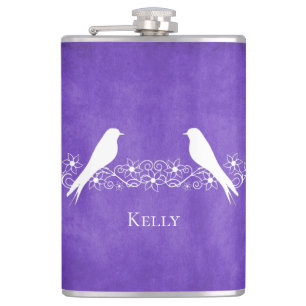 Purple Lovebirds Floral Vine Personalized Flask