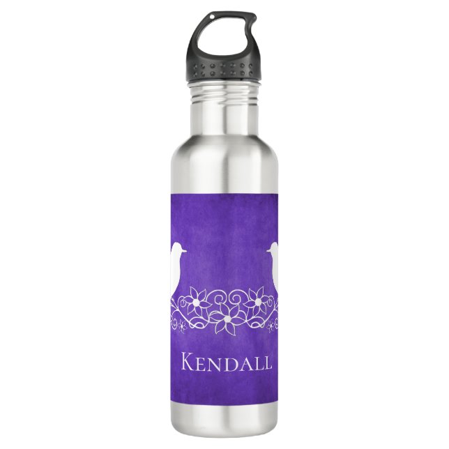 Purple Lovebirds Floral Vine Water Bottle (Front)