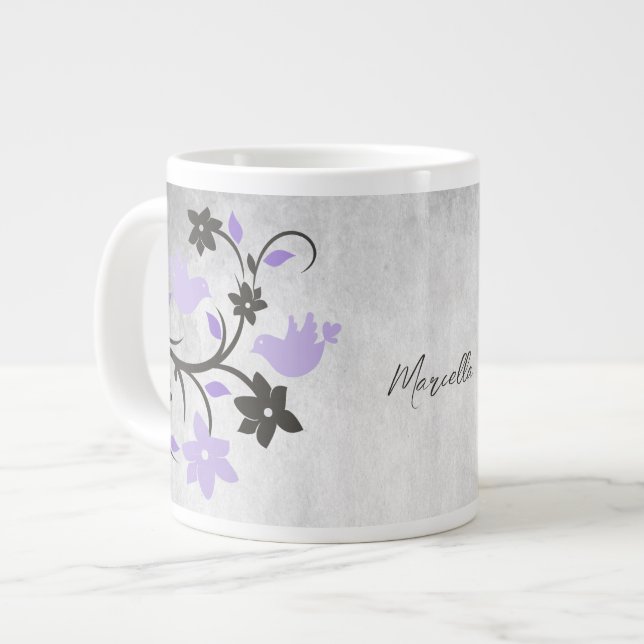 Purple Lovebirds Personalized Giant Coffee Mug (Front Left)