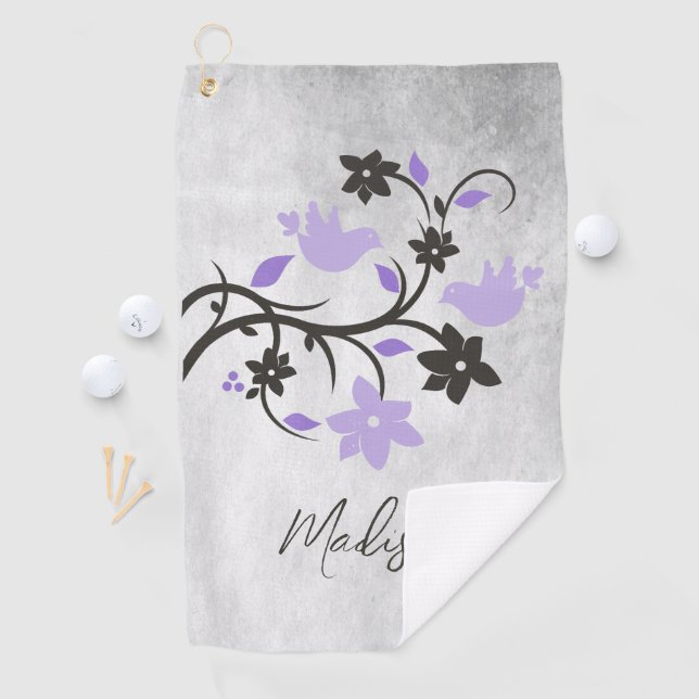Purple Lovebirds Personalized Golf Towel (InSitu)