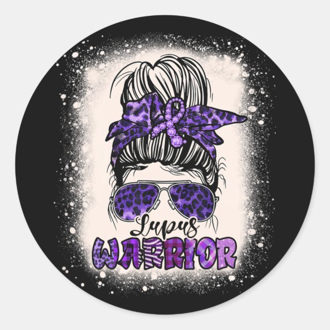 Purple Lupus Awareness Leopard Messy Bun Lupus Classic Round Sticker (Front)