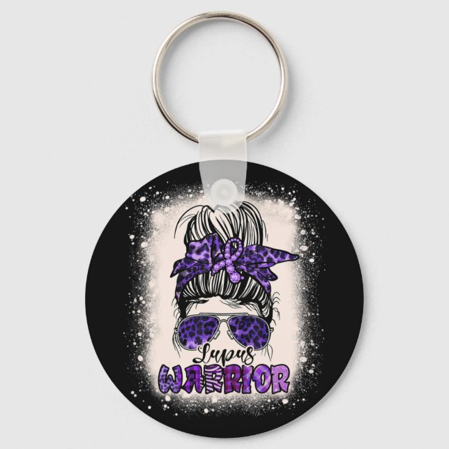 Purple Lupus Awareness Leopard Messy Bun Lupus Keychain (Front)