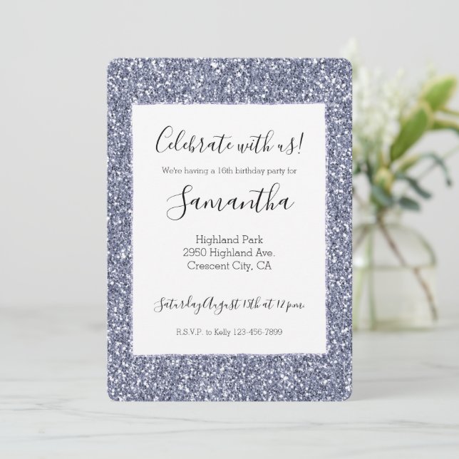 Purple Luxe Glitter Invitation (Standing Front)