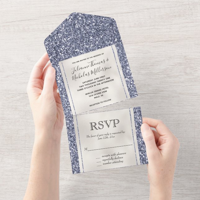 Purple Luxe Glitter Pearl White    All In One Invitation (Tearaway)