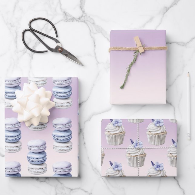 Purple Macaroons Floral Cupcakes Birthday Wrapping Paper Sheet (Front)