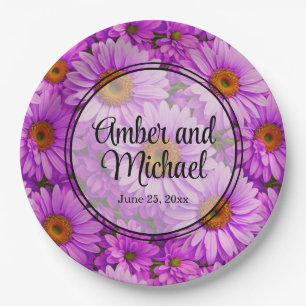 Purple magenta floral sunflower dark pink daisies paper plate