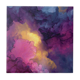 Purple Magenta Gold Alcohol Ink Nebula Flow Tile