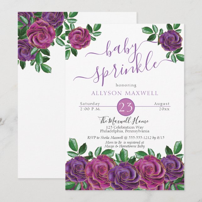Purple | Magenta Watercolor Floral Baby Sprinkle Invitation (Front/Back)