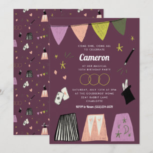 Purple Magic Show Kids Birthday Invitation
