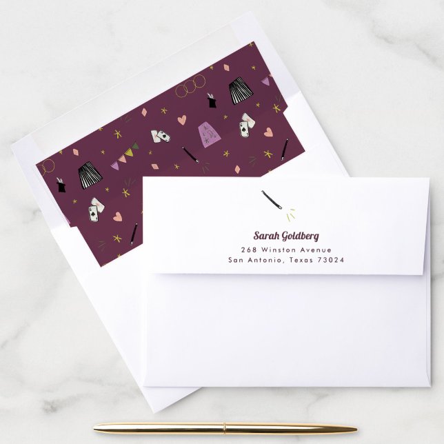 Purple Magic Show Return Address Envelope (Purple magic show return address envelope with matching pattern liner.)