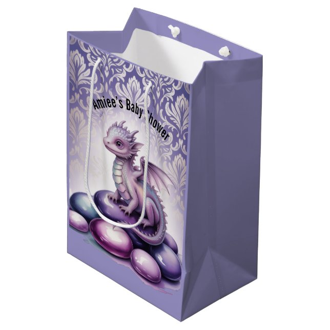 Purple Magical Dragon Baby Shower Medium Gift Bag (Front Angled)