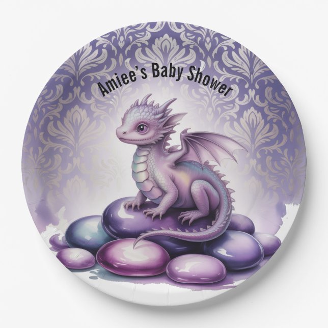 Purple Magical Dragon Baby Shower Paper Plate (Front)