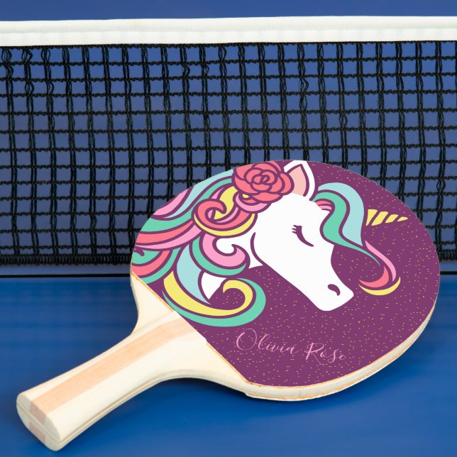 Purple Magical Unicorn Gold Glitter Personalized Ping Pong Paddle (Insitu)
