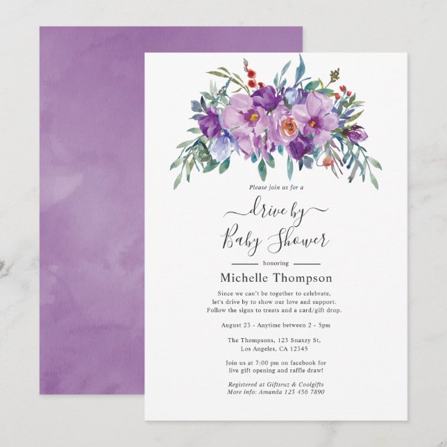 Purple Magnolias and Roses Drive By Shower Invitation (Front/Back)