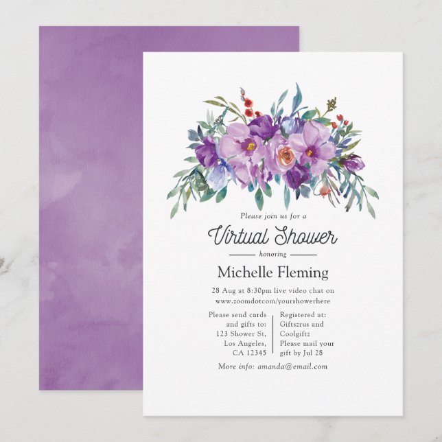 Purple Magnolias and Roses Virtual Baby Shower Invitation (Front/Back)