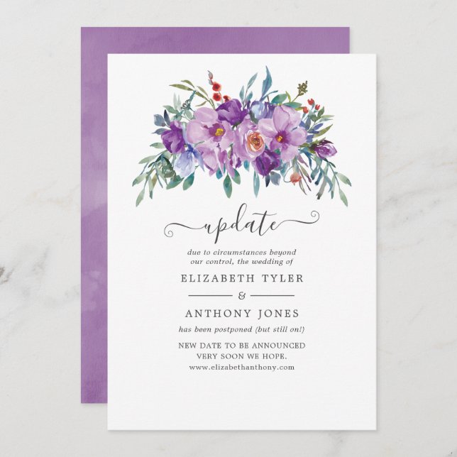 Purple Magnolias and Roses Wedding Update Invitation (Front/Back)