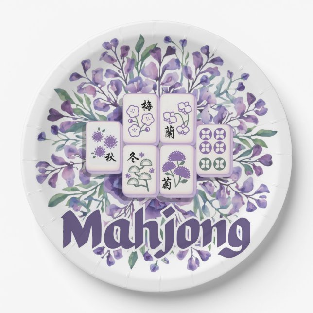Purple Mahjong Tiles Paper Plate (Front)
